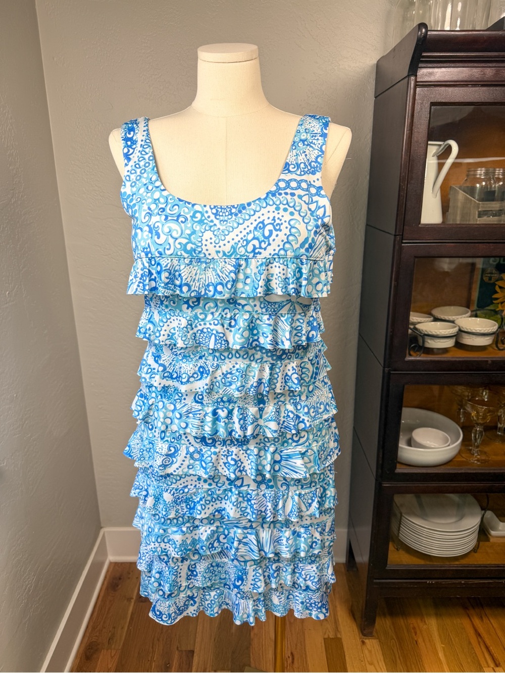 Tango Mango Blue White Tiered Ruffle Sleeveless Dress Stretch Size XL